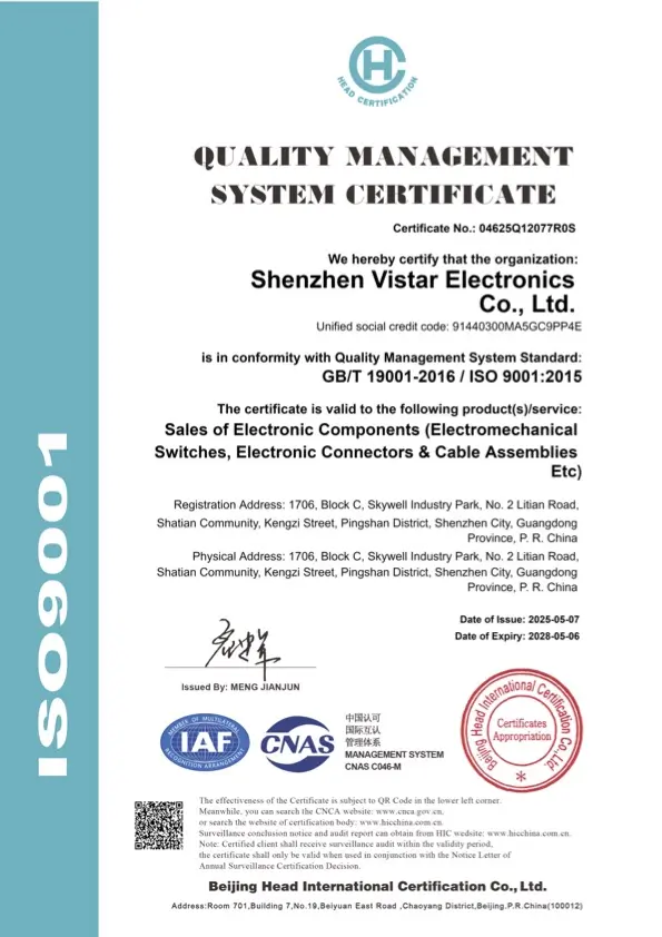 Certification ISO 9001 shenzhen vistar electronics
