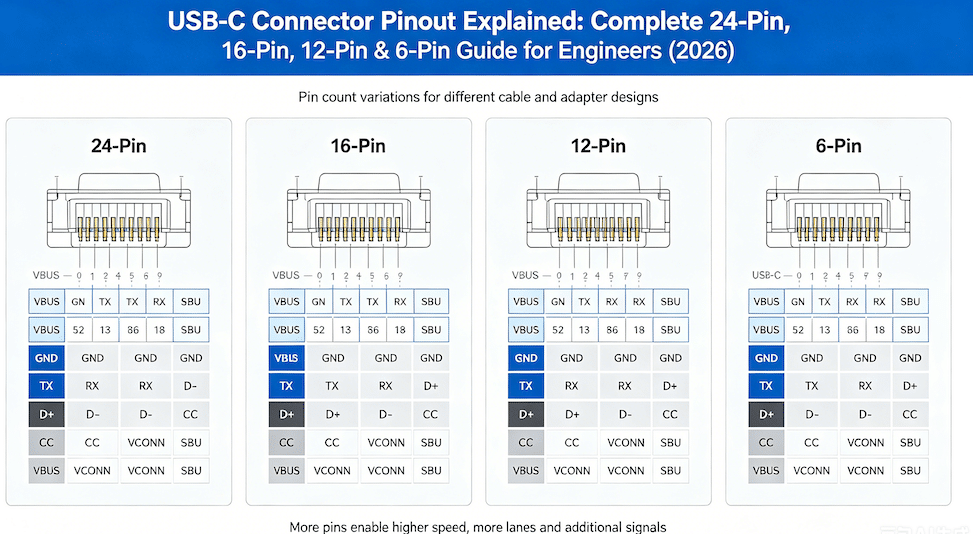 USB-C Connector Pinout Explained: Complete 24-Pin, 16-Pin, 12-Pin & 6-Pin Guide for Engineers (2026)