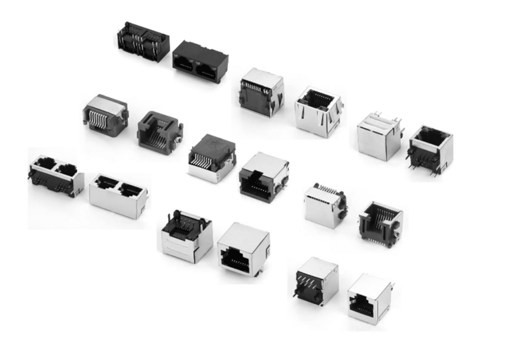 RJ45 modular jack Cat5e Cat6 PCB connector with magnetics for networking applications